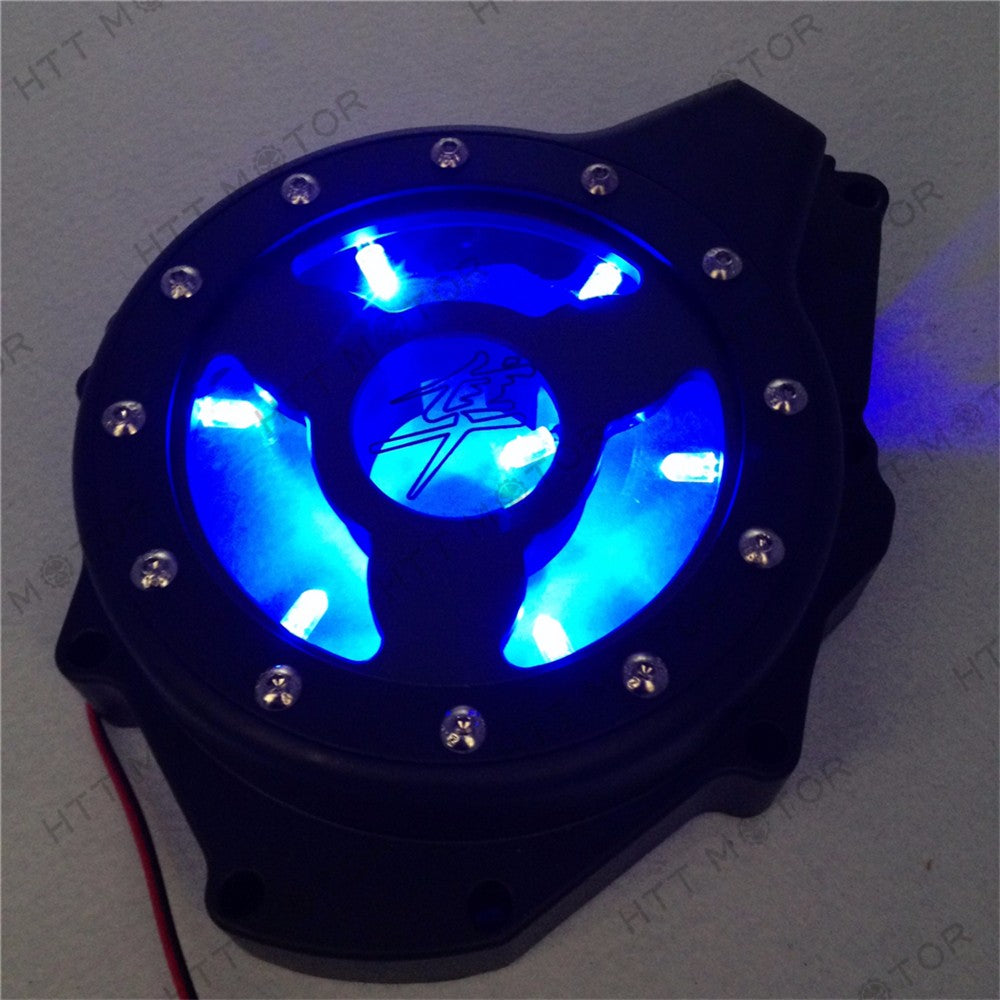 HTTMT- Blue LED Glass See Through Engine Cover For Suzuki Gsx1300R Hayabusa 99-13 Black