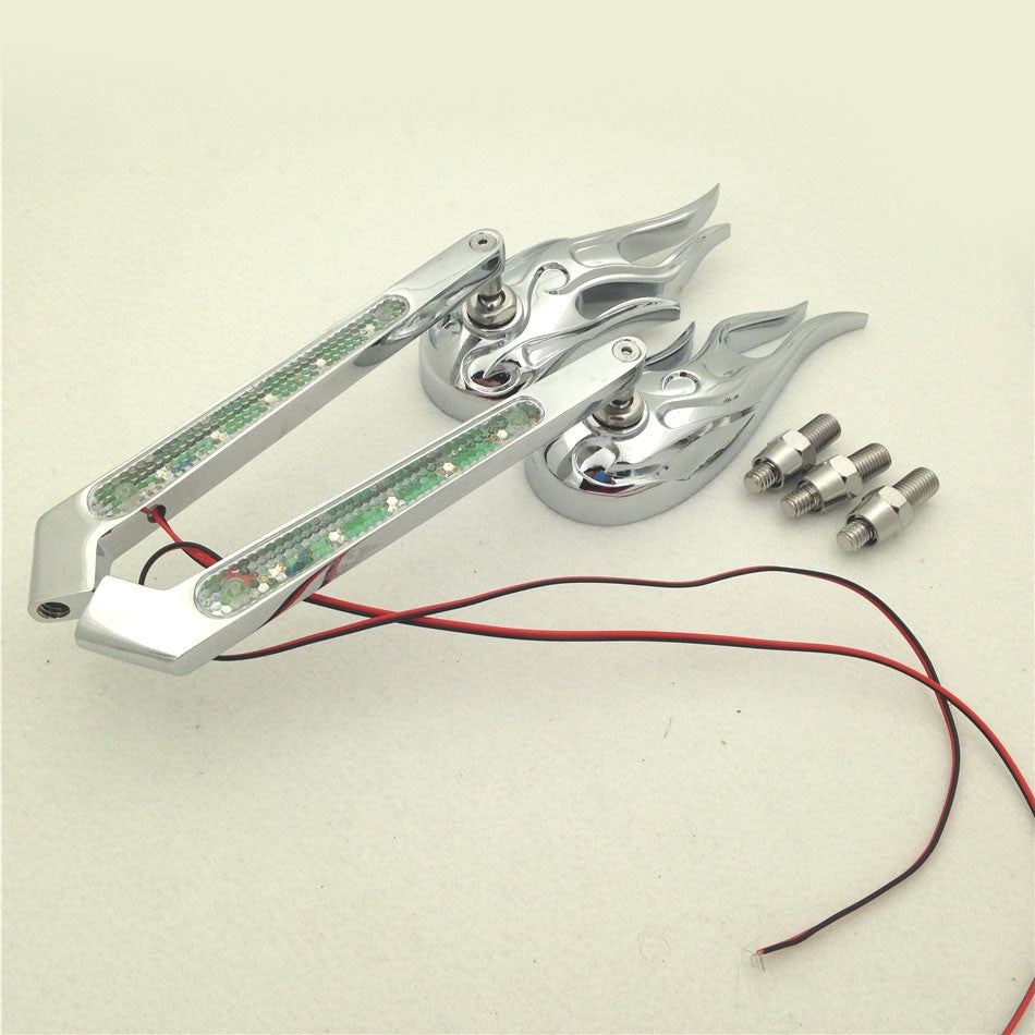 HTT Motorcycle Custom Chromed Flame Shape LED Turn Signal Integrate Mirrors For All Honda Kawasaki Suzuki Cruiser Bikes