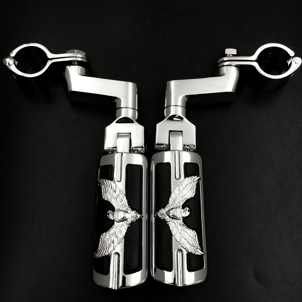 Eagle Hawk Shape Front Rider 1 1/4" Stiletto 4475 Foot Peg Clamps For Honda Shadow ACE Magna Valkyrie Chrome Body Black Rubber