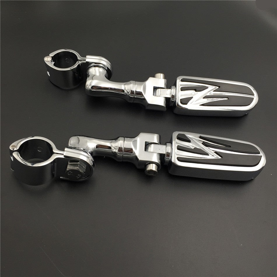 HTT Motorcycle Chrome Short Angled Adjustable Peg Mounting Kit Lightning Style Footrest For Harley Sportster 883 1200 Street Bob Softail CVO with 1-1/2 inch (1.5") Front Engine Guard