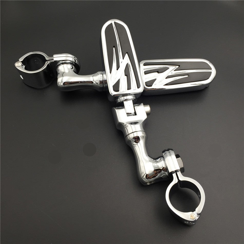 HTT Motorcycle Chrome Short Angled Adjustable Peg Mounting Kit with Lightning Foot Peg For Honda GoldWing VTX1300 Shadow Valkyrie Triumph with 1.5" Front Engine Guard Frame Tube