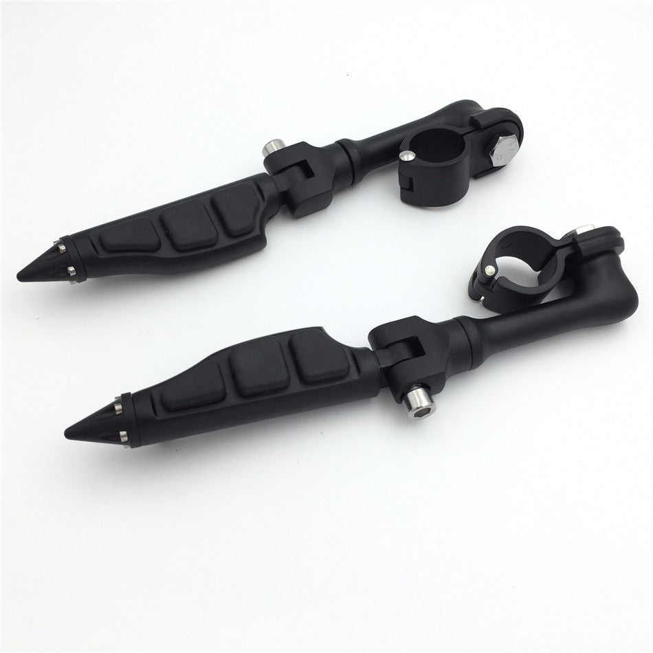 HTT Motorcycle Black Long Angled Adjustable Peg Mounting Kit Stiletto Shape Foot Peg For Honda GoldWing VTX1300 Shadow Valkyrie Triumph Rocket with 1.5" Front Engine Guard Frame Tube