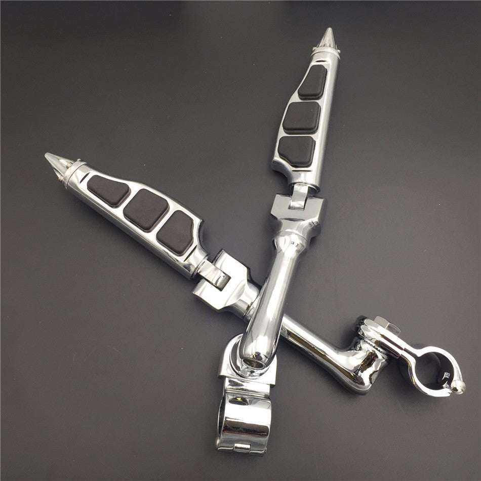 HTT Motorcycle Chrome Long Angled Adjustable Peg Mounting Kit Stiletto Shape Foot Peg For Honda GoldWing VTX1300 Shadow Valkyrie Triumph Rocket with (1") 25mm Front Engine Guard Frame Tube