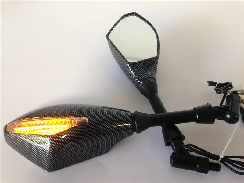 Motorcycle Integrated LED Turn Signals Side Mirrors for Cruiser Chopper Carbon With M10 Bolts Screw