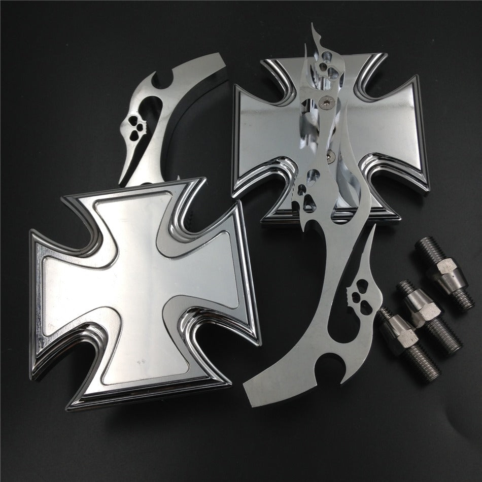 Motorbike Chromed Billet Custom Running Acrylic Mirrors For Harley Dyna Wide Glide Maltese Cross Emblem Flame Style By HTT