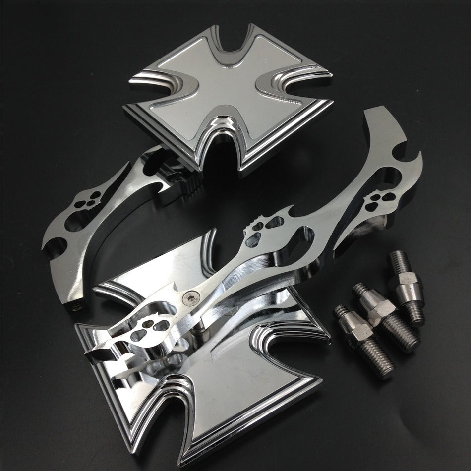 Maltese Cross Emblem Flame Style Motorbike Chromed Billet Custom Running Acrylic Mirrors Universal Fit All Honda Kawasaki Suzuku Cruiser Bike Models By HTT