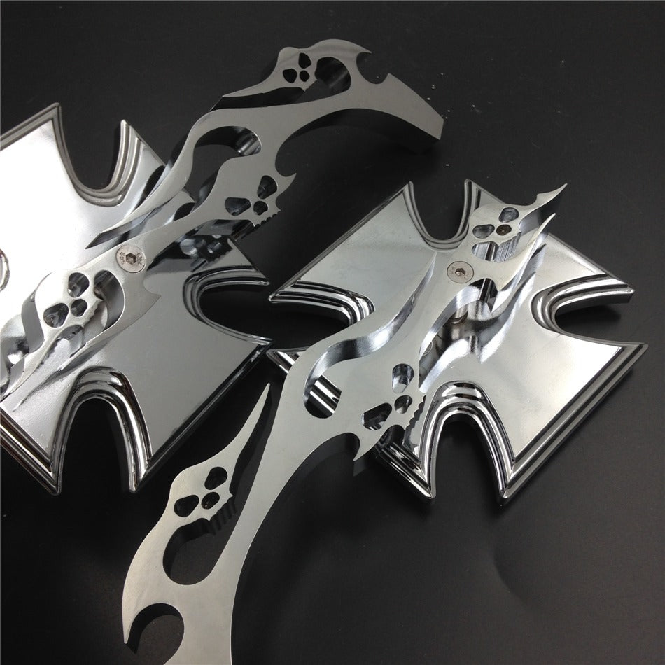 Maltese Cross Emblem Motorcycle Chromed Running Acrylic Mirror For All Yamaha Cruiser Bikes Royal Star Stratoliner Roadliner Road Star V-Star Warrior V-Max Virago By HTT