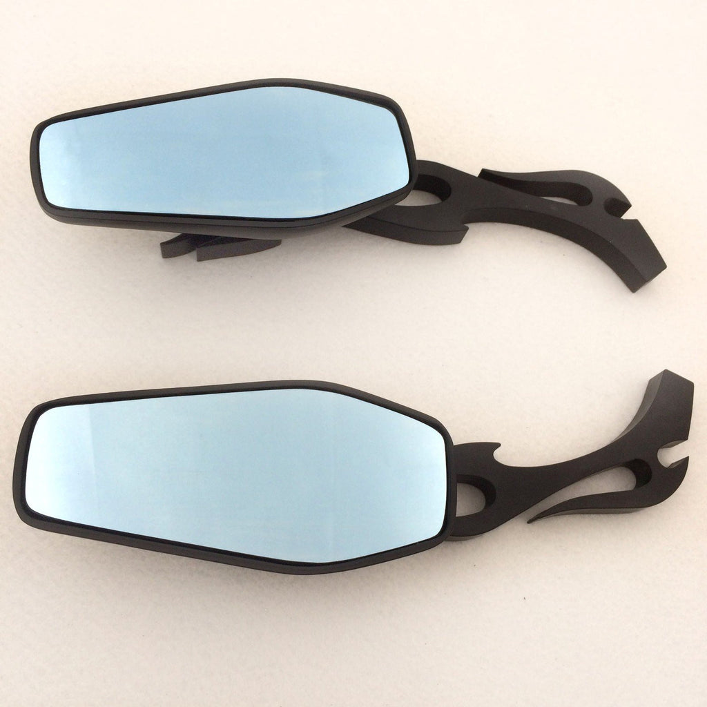 HTT Motorcycle Aluminum Custom Black Mirrors Fire Flame Stem For All Honda Kawasaki Suzuki Cruiser Bikes models